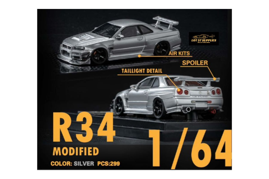 Nissan Skyline GT-R (R34) Customized in Aurora Silver 1:64 by Error404 Model