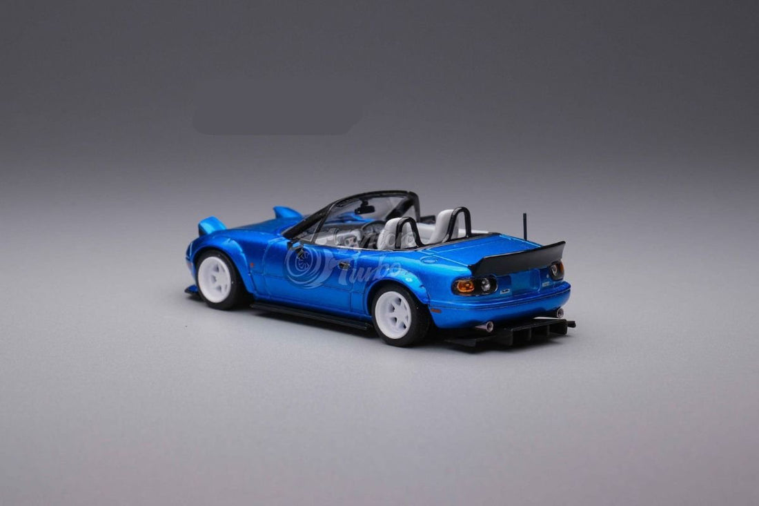 Eunos Roadster RHD Rocket Bunny Widebody Customized Metallic Blue 1:64 by MicroTurbo Driver Side Angle View 2