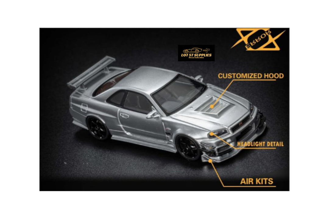 Nissan Skyline GT-R (R34) Customized in Aurora Silver 1:64 by Error404 Model Nissan Skyline GT-R (R34) Customized in Aurora Silver 1:64 by Error404 Model Front View