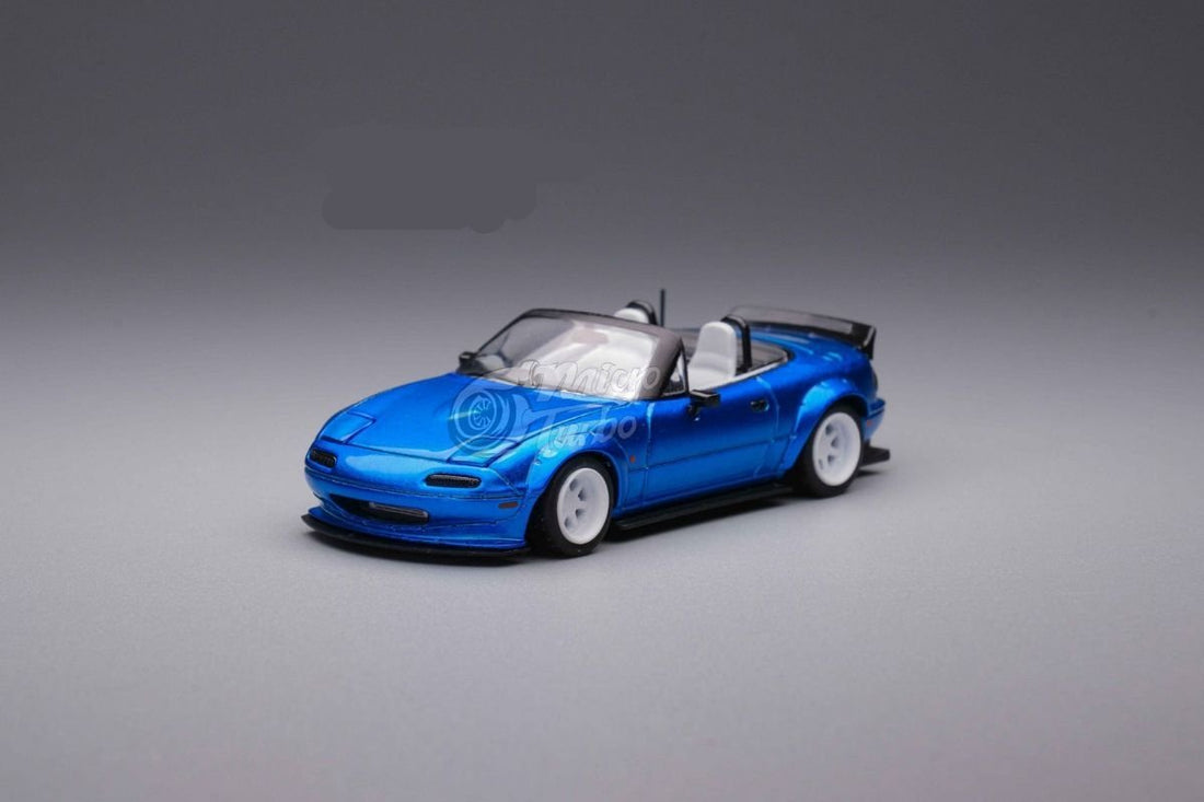 Eunos Roadster RHD Rocket Bunny Widebody Customized Metallic Blue 1:64 by MicroTurbo Driver Side Angle View