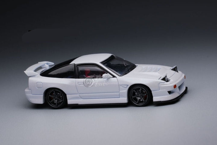 Nissan 180SX Custom Spirit Rei "MIYABI" in white 1:64 by MicroTurbo Front Angle Side View