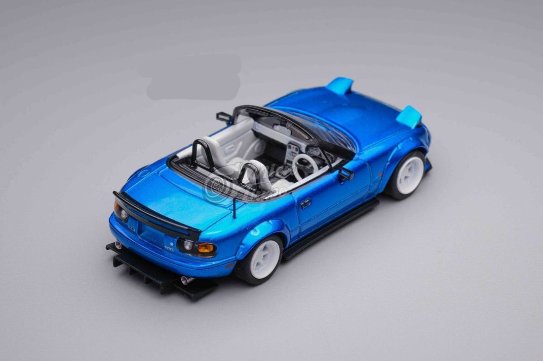 Eunos Roadster RHD Rocket Bunny Widebody Customized Metallic Blue 1:64 by MicroTurbo Angled Rear View