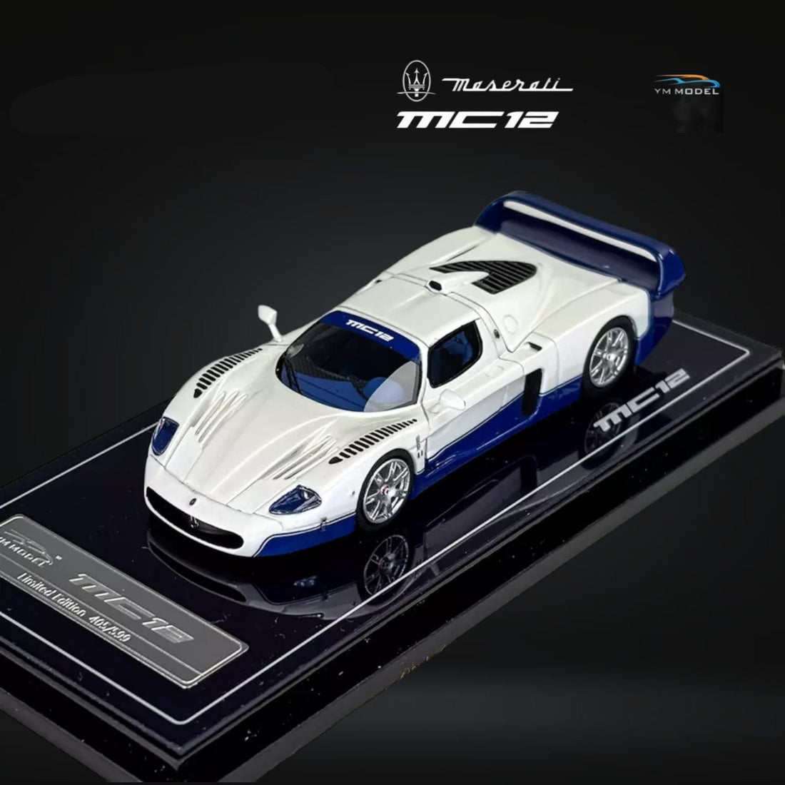 Maserati MC12 Stradale 2-Tone Blue / White Limited to 499 Pcs 1:64 by YM Model Mounted Driver Side Front View