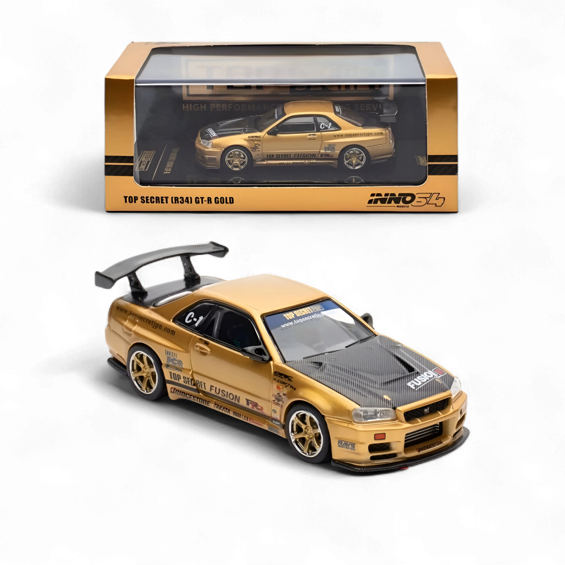 Nissan Skyline TOP SECRET R34 GT-R - Gold 1:64 by Inno64 