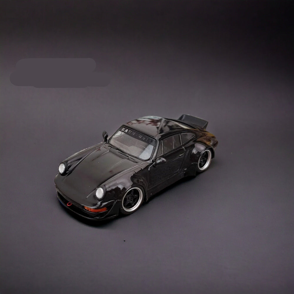 Porsche 964 RWB Ducktail in Gloss Black 1:64 by Flame Angle View