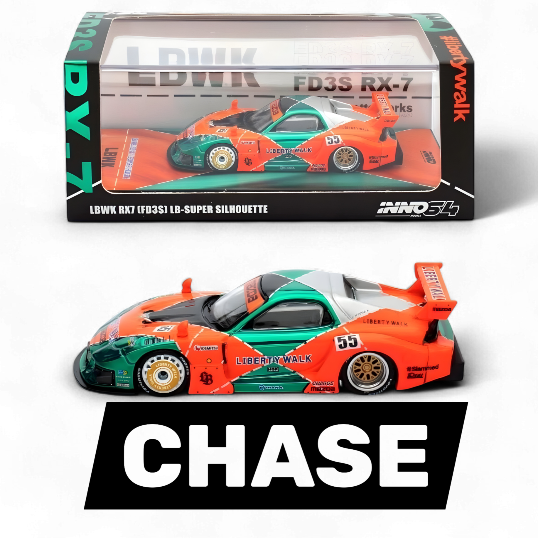 Mazda RX-7 LBWK FD3S CHASE Orange/Green MDX 24' 1:64 by Inno64