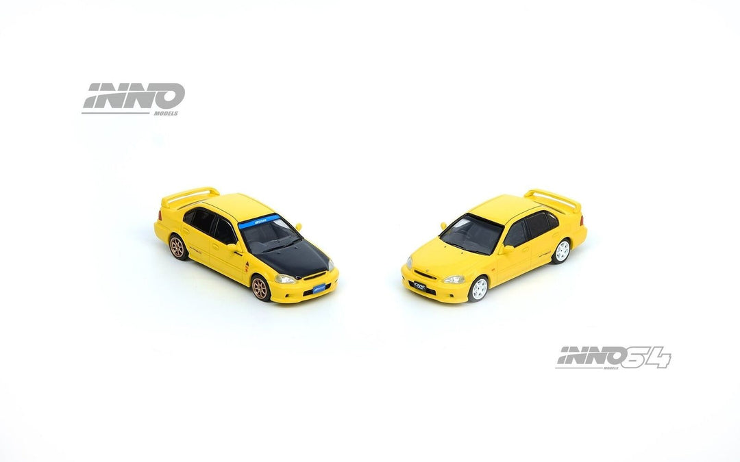 Honda Civic Ferio Vi RS Yellow With Extra Spoon Sports Decals & Wheels 1:64 by Inno64 Multi View