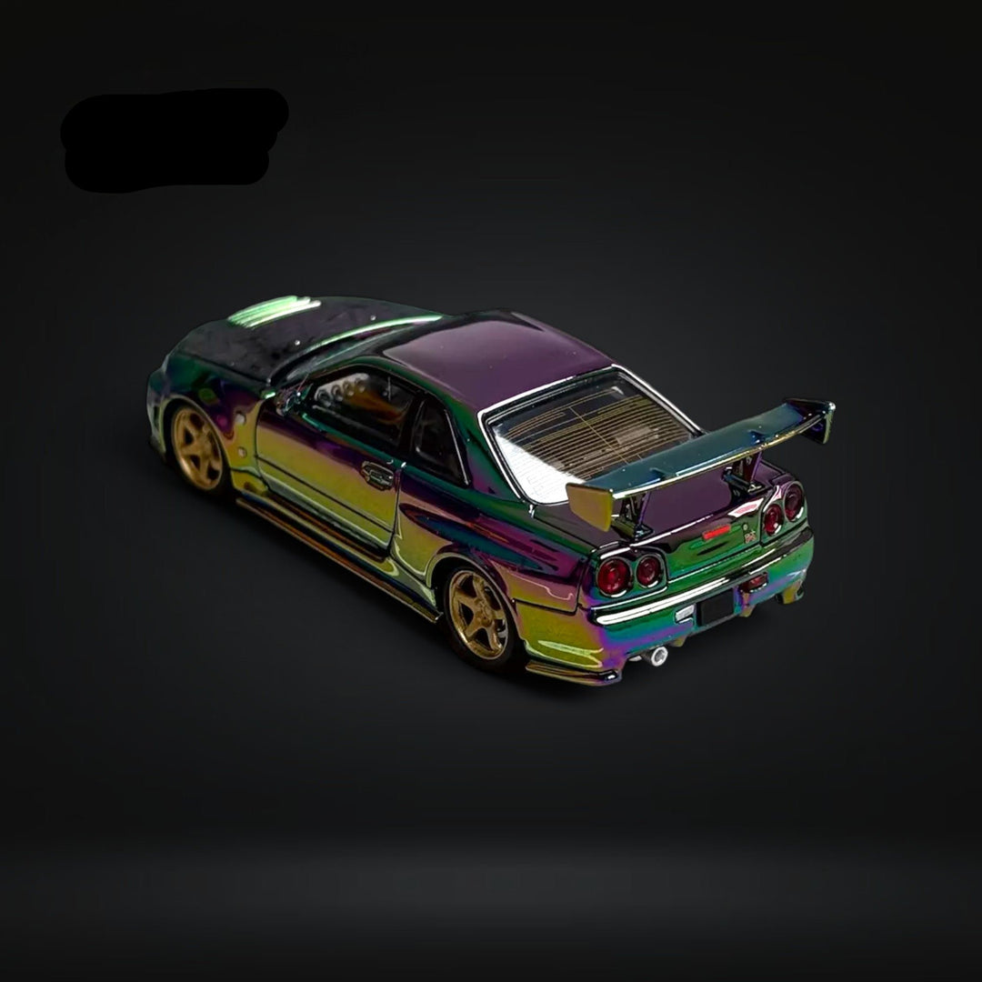 Nissan Skyline GT-R R34 Nismo Z-Tune High Wing Magic Green Purple 1:64 by Fuji Angled Rear View