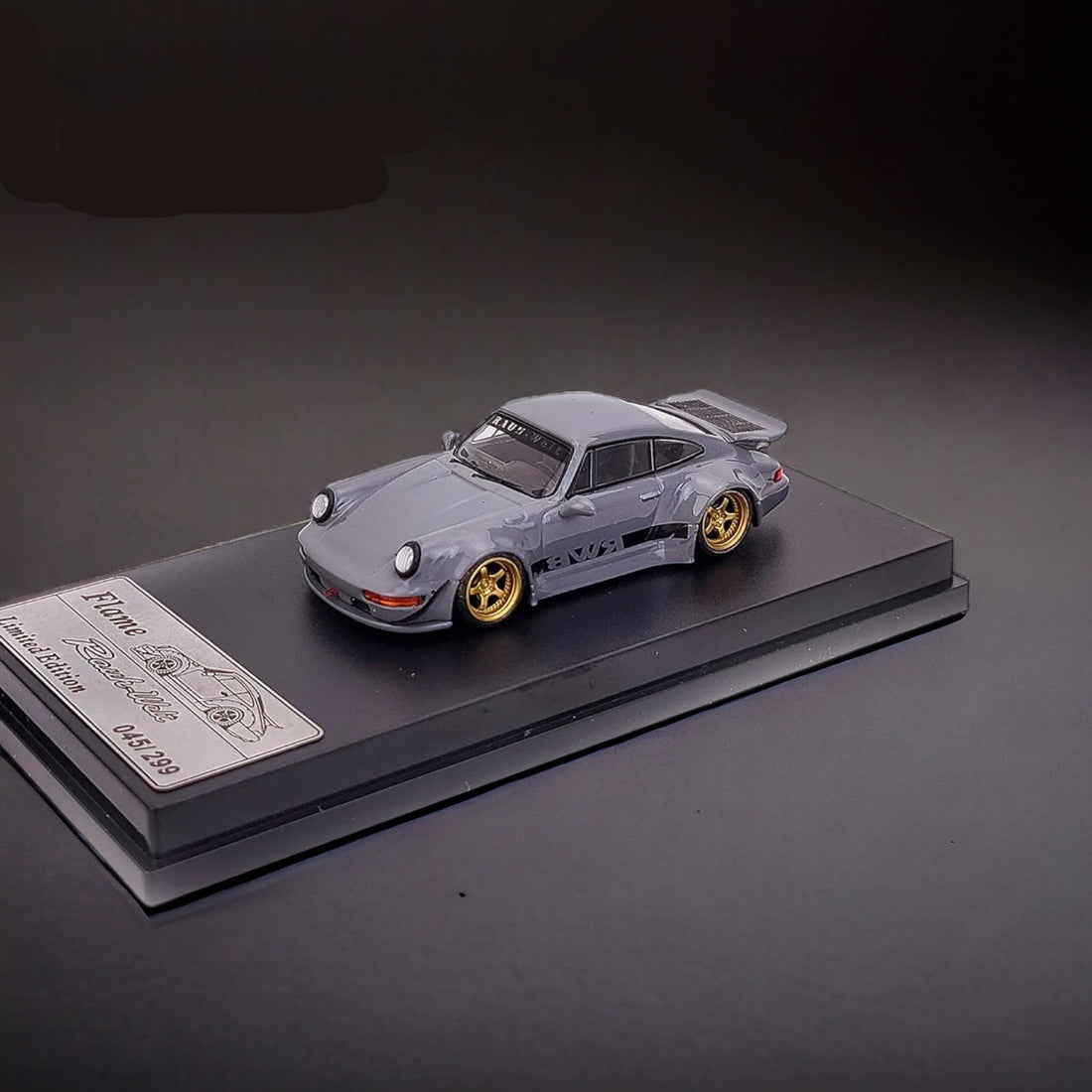 Porsche 964 RWB Whale Tale in Cement Gray 1:64 by Flame Mounted View