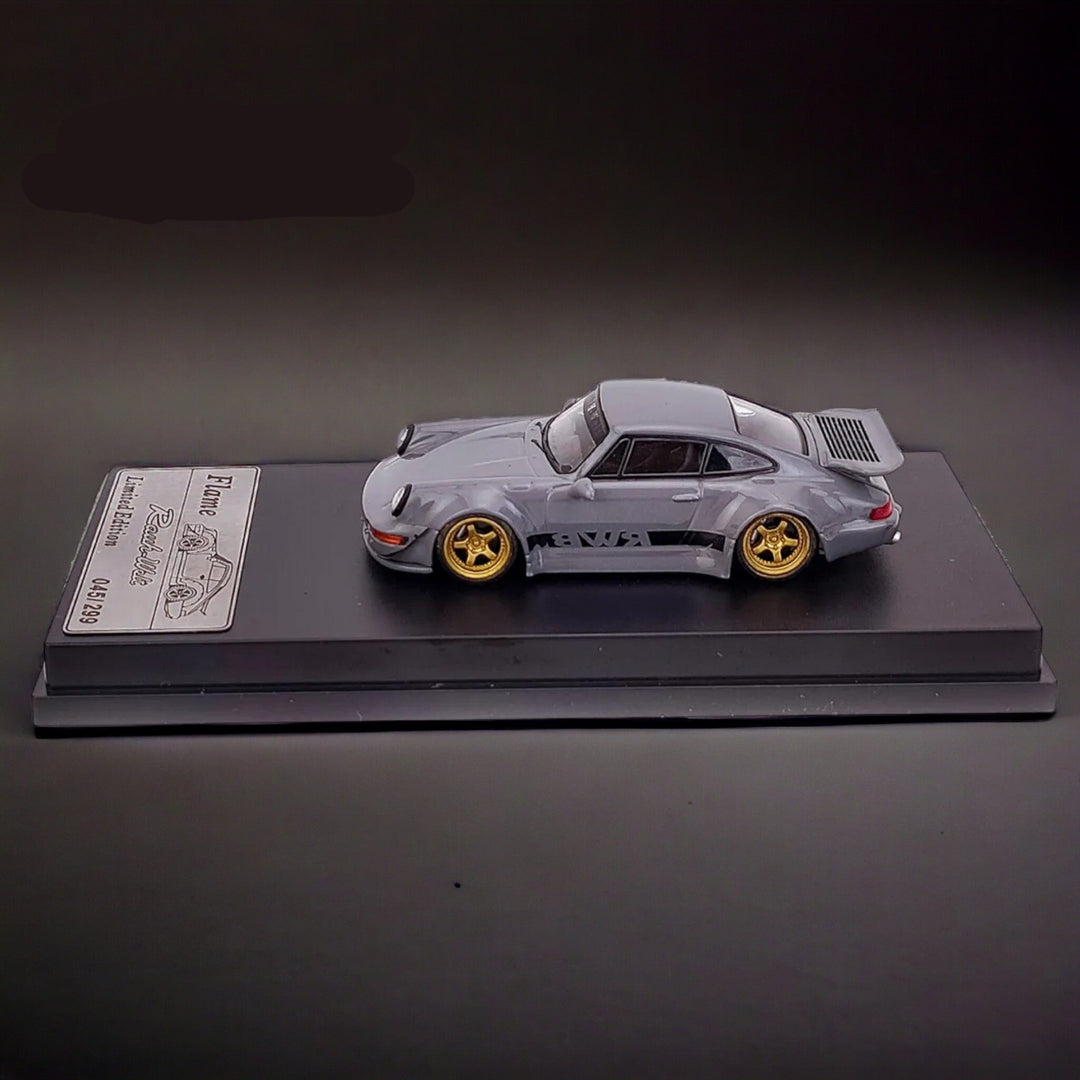 Porsche 964 RWB Whale Tale in Cement Gray 1:64 by Flame Mounted Side View