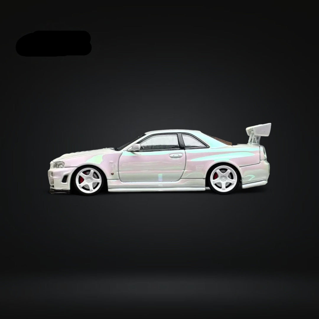 Skyline GT-R R34 Nismo Z-Tune High Wing White Pearl 1:64 by Fuji Side View