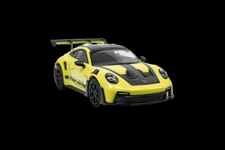 Porsche 911 (992) GT3 RS Acid Green 1:64 by Tarmac Works x Minichamps Angled Front View