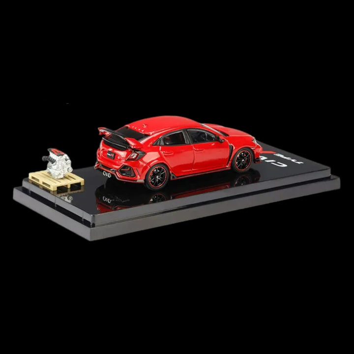 Honda Civic 2017 Type R FK8 Flame Red With Engine Model Display 1:64 by Hobby Japan HJ641055AR Angled Rear View