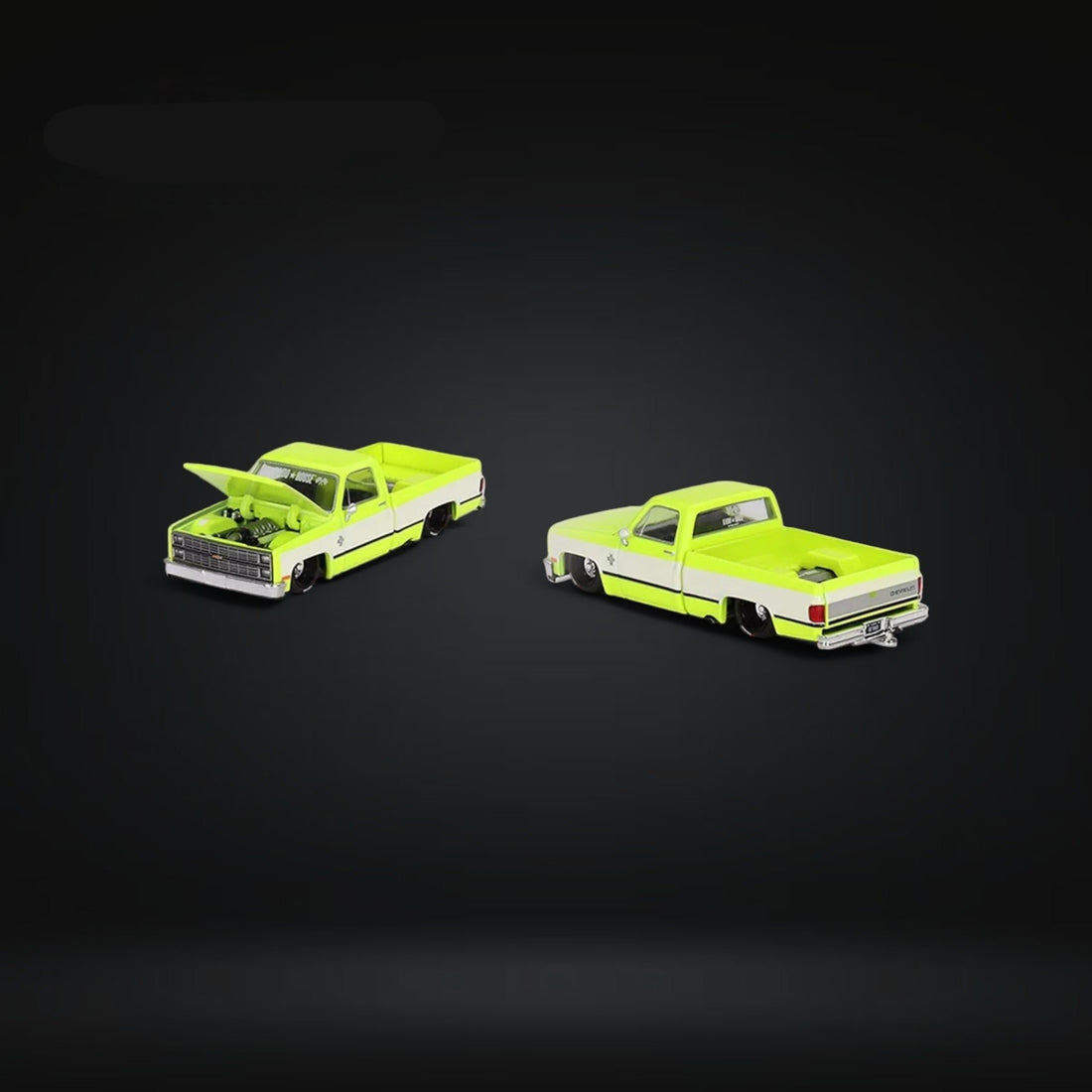 Chevrolet Silverado FLO YELLOW 1:64 by Mini GT x Kaido House KHMG112 Front and Rear Views