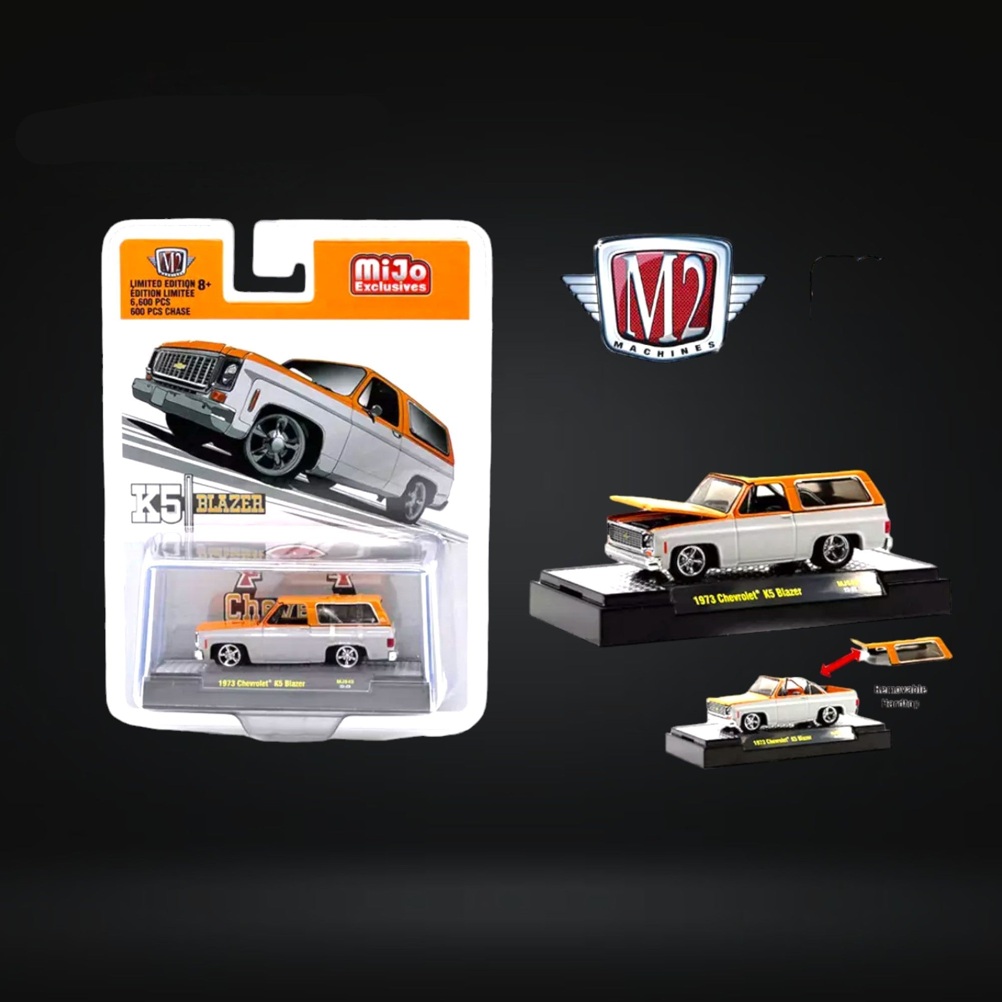 Chevrolet K5 Blazer 1973 With Removeable Hardtop - Orange/White 1:64 by M2 Machines 2
