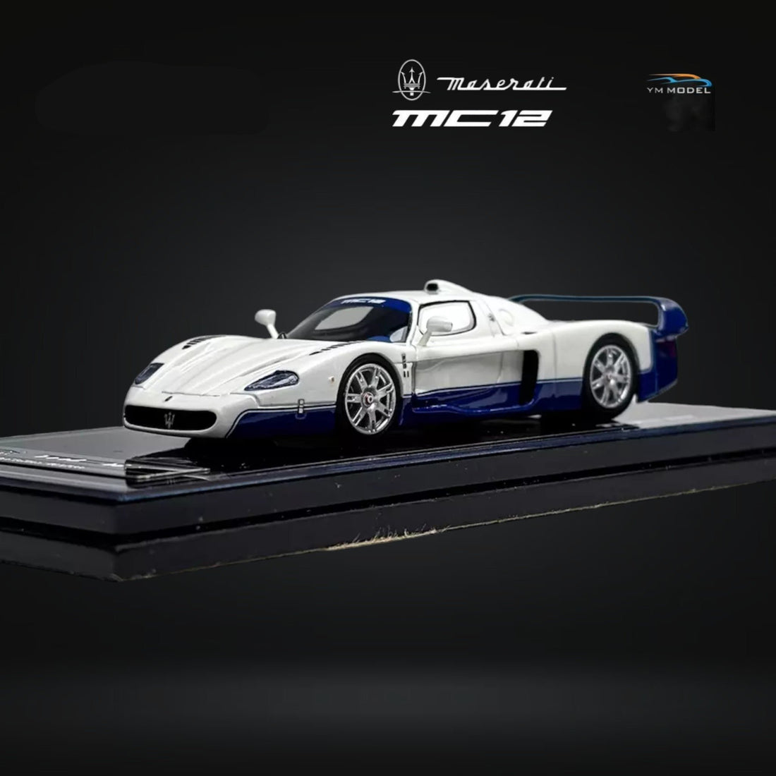 Maserati MC12 Stradale 2-Tone Blue / White Limited to 499 Pcs 1:64 by YM Model Mounted Angled Front View