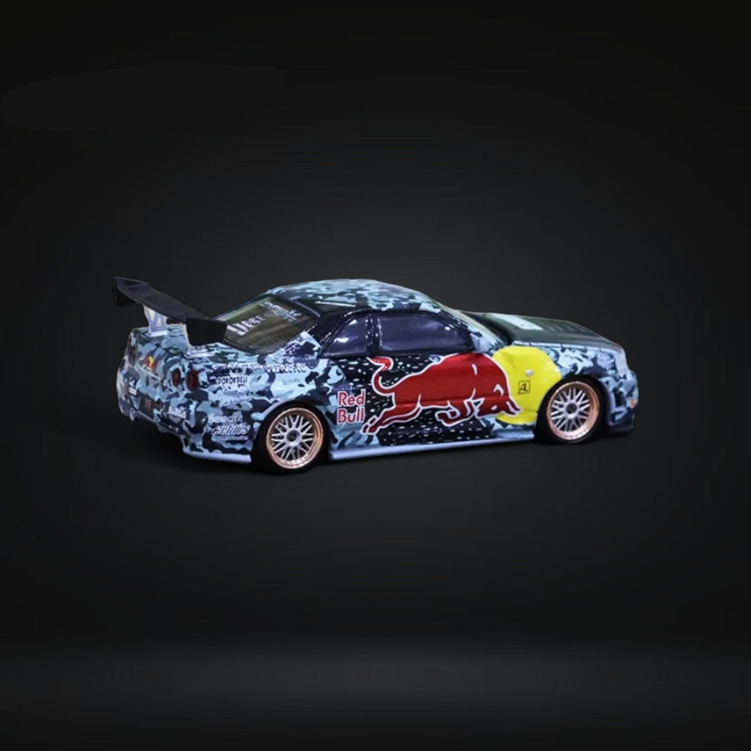 Nissan Skyline GT-R R34 Z-Tune in Red Bull Livery 1:64 Diecast Angled Passenger Side View