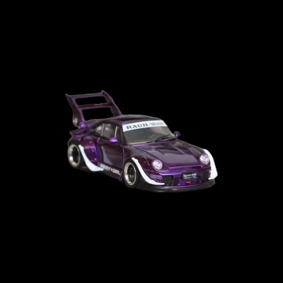 Porsche RWB 993 PURPLE ARMY GIRL GT HIGH WING 1:64 by Street Weapon Angled Passenger Side View