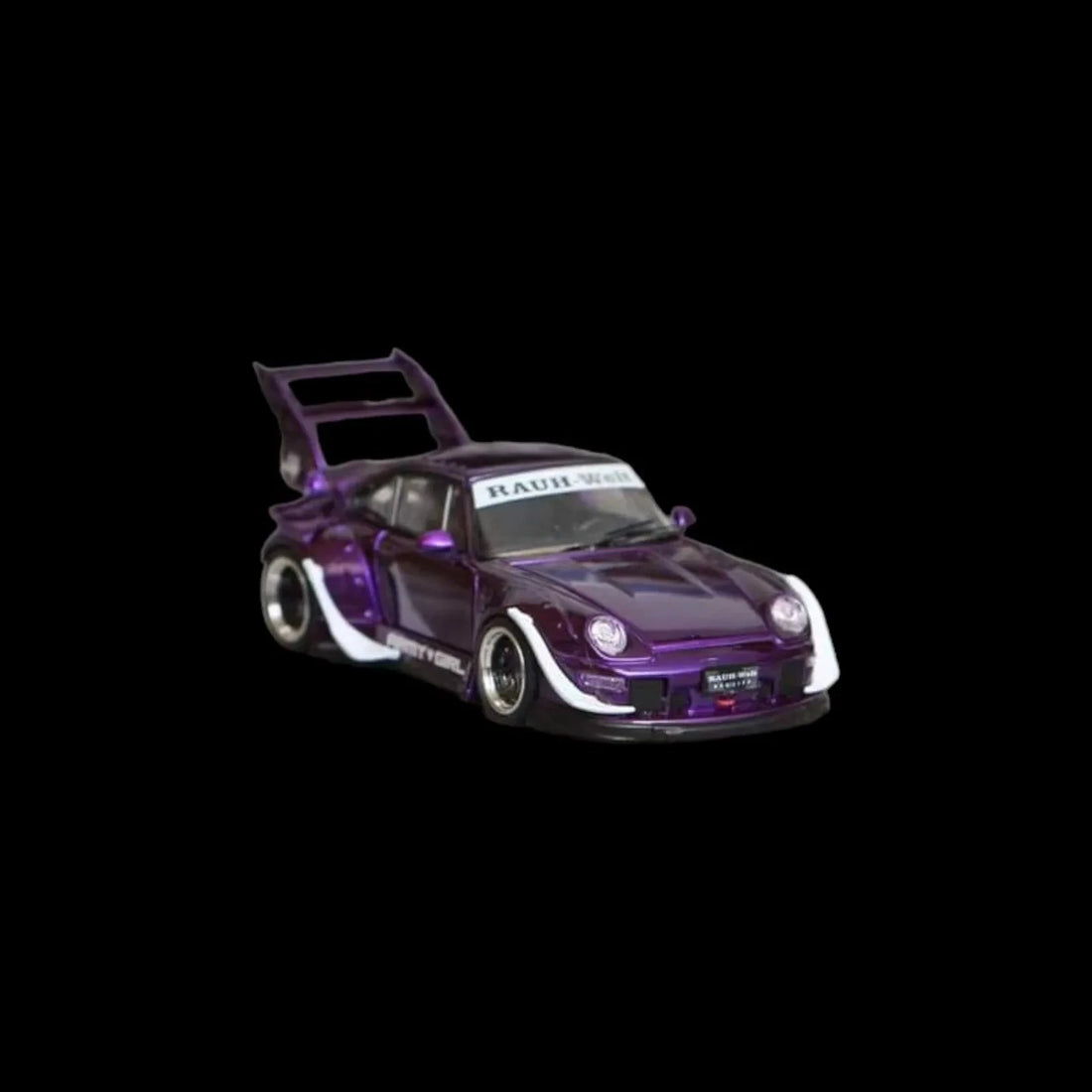 Porsche RWB 993 PURPLE ARMY GIRL GT HIGH WING 1:64 by Street Weapon Angled Passenger Side View