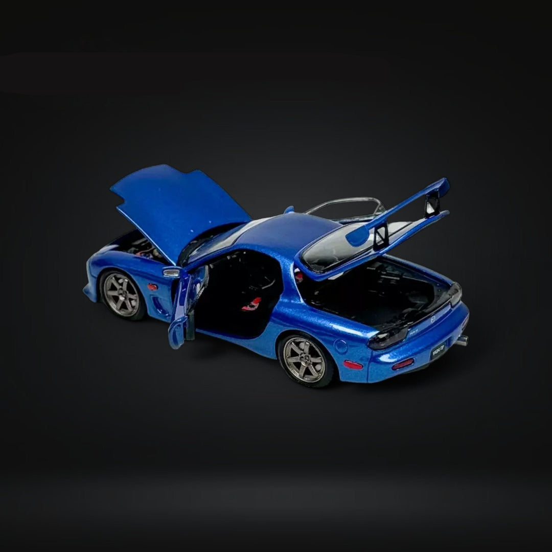 Mazda RX-7 FD3S Metallic Blue Fully Openeable Standard Base 1:64 by PGM Open Trunk