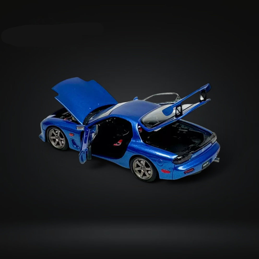 Mazda RX-7 FD3S Metallic Blue Fully Openeable Luxury Base 1:64 by PGM Open Trunk