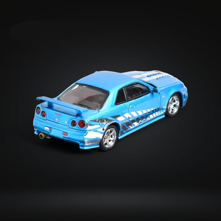 Nissan Skyline GT-R R34 Z-Tune Guru Chrome Blue 888pcs 1:64 by Stance Hunters Angled Rear View