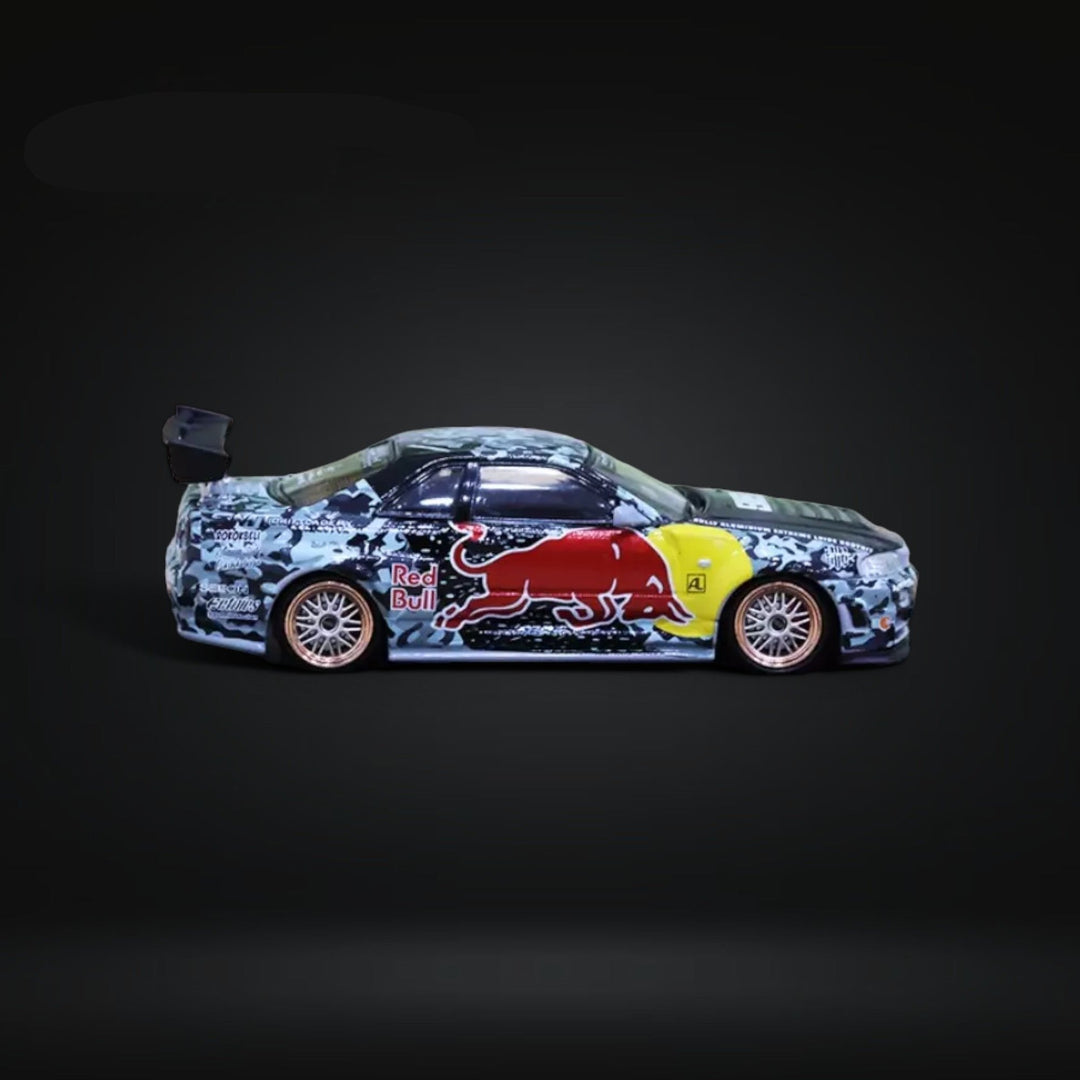 Nissan Skyline GT-R R34 Z-Tune in Red Bull Livery 1:64 Diecast Side View 2