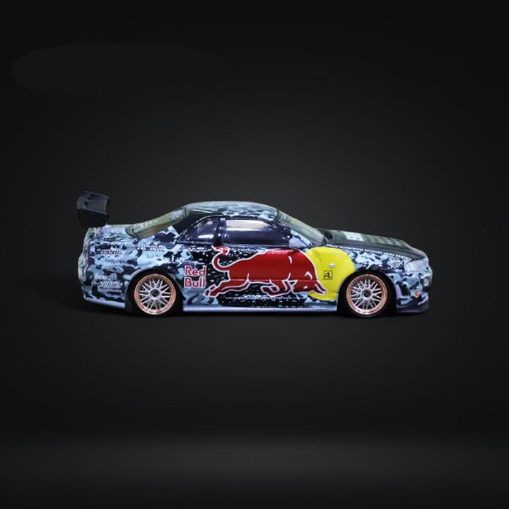 Nissan Skyline GT-R R34 Z-Tune in Red Bull Livery 1:64 Diecast Side View 2