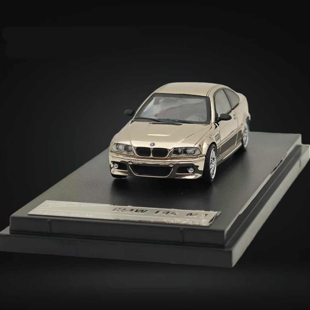 BMW E46 M3 Chrome Silver with original wheel 1:64 Diecast by Stance Hunters Mounted Front View