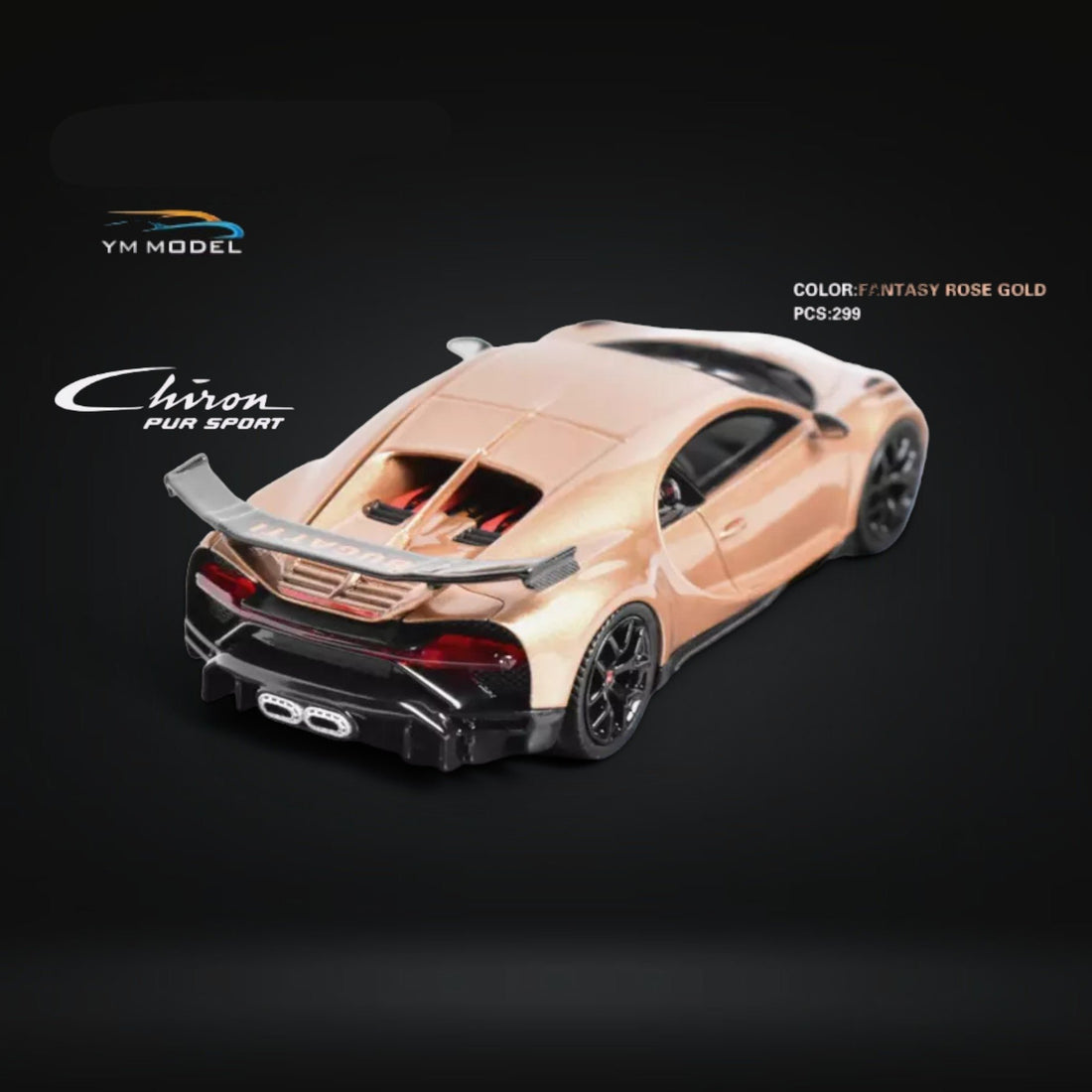 Bugatti Chiron PUR SPORT in Fantasy Rose Gold Limited to 299 Pcs 1:64 by YM Model Angled Rear View