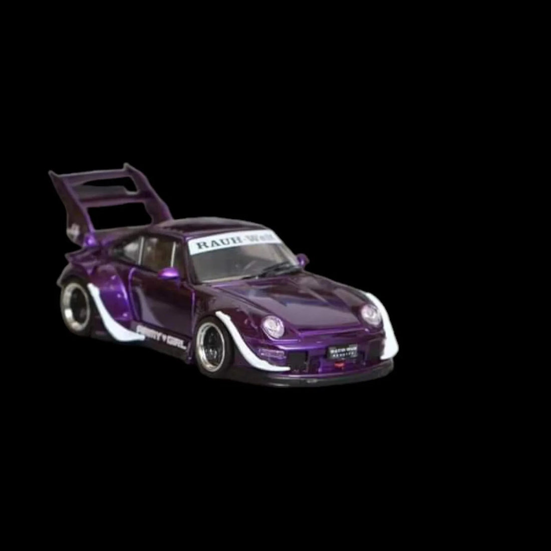 Porsche RWB 993 PURPLE ARMY GIRL GT HIGH WING 1:64 by Street Weapon Angled Front View