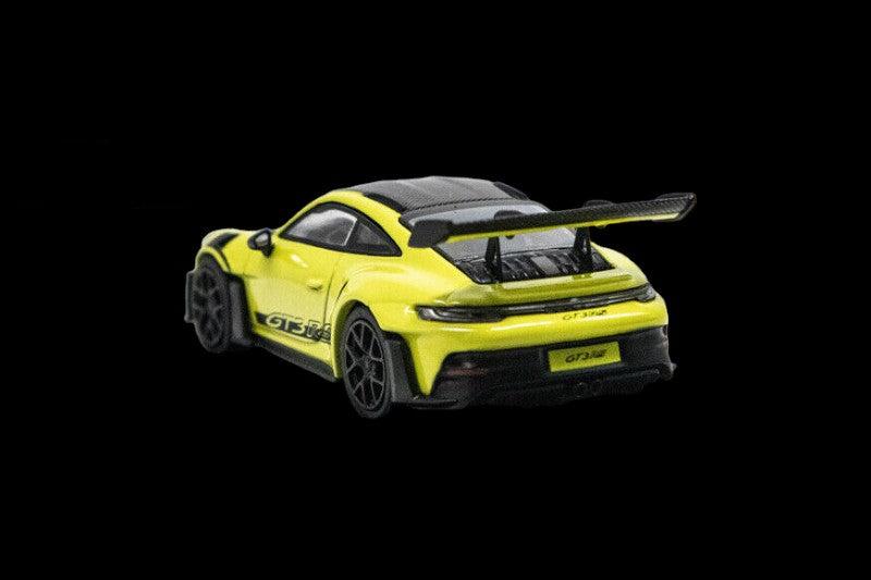 Porsche 911 (992) GT3 RS Acid Green 1:64 by Tarmac Works x Minichamps Angled Rear View