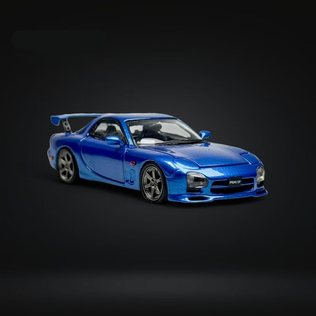 Mazda RX-7 FD3S Metallic Blue Fully Openeable Luxury Base 1:64 by PGM Angled Passenger Side View