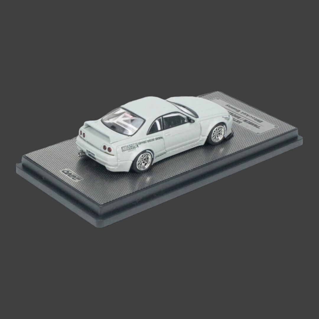 Nissan Skyline GT-R R33 "Pandem / Rocket Bunny" Widebody in Cement Grey Matte 1:64 by Inno64 IN64-R33P-CGM Mounted Angled Rear View