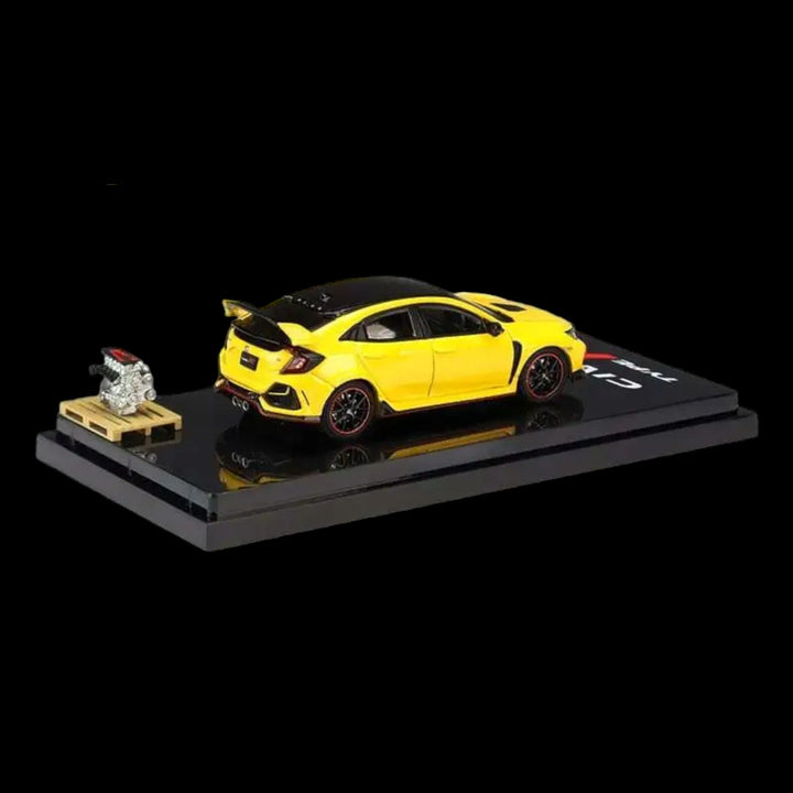 Honda Civic 2017 Type R FK8 Sunlight Yellow II With Engine Model Display 1:64 by Hobby Japan HJ641055BY Mounted View