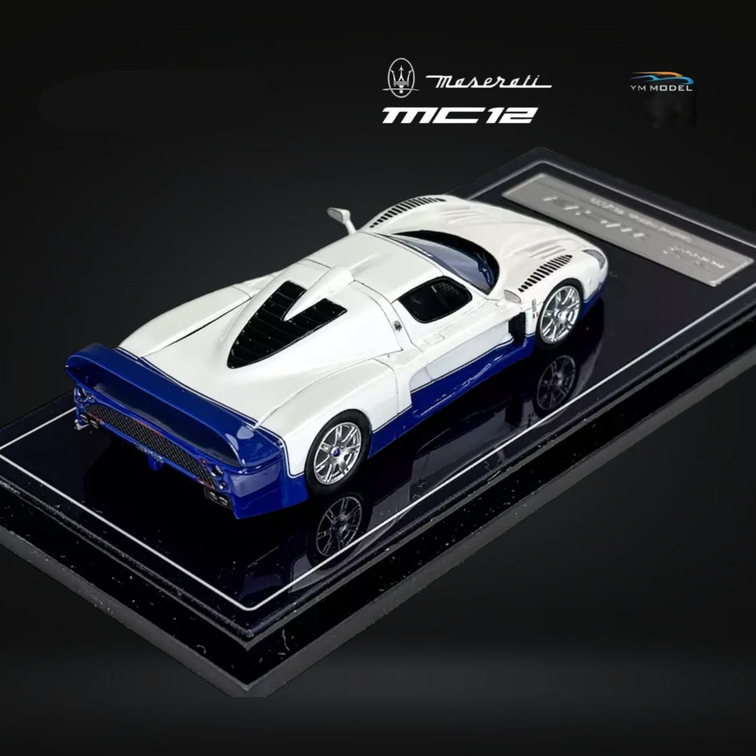 Maserati MC12 Stradale 2-Tone Blue / White Limited to 499 Pcs 1:64 by YM Model Angled Passenger Rear View