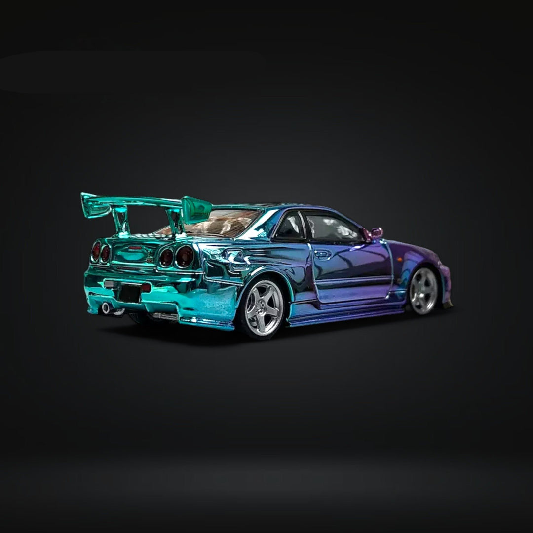 Nissan Skyline GT-R R34 Nismo Z-Tune High Wing Gradient Purple 1:64 by Fuji Angled Rear View