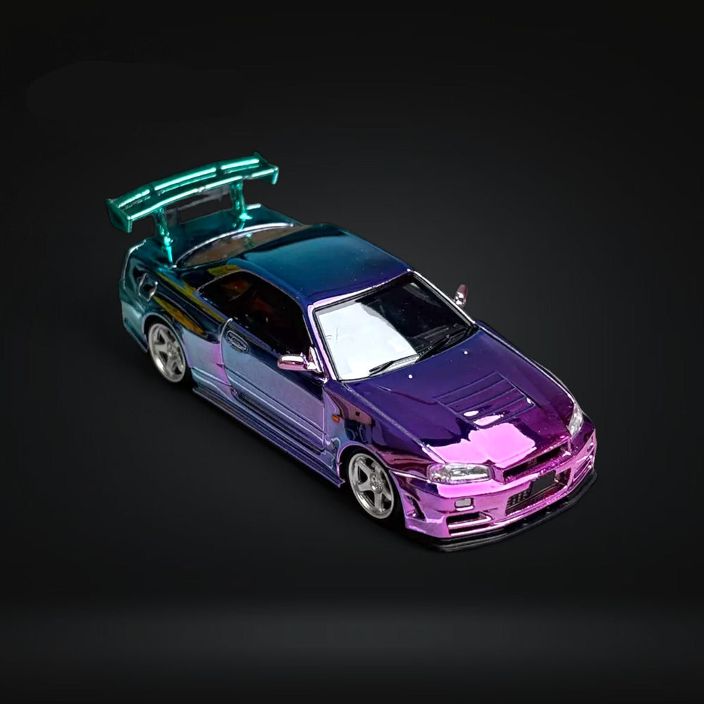 Nissan Skyline GT-R R34 Nismo Z-Tune High Wing Gradient Purple 1:64 by Fuji Angled Front View