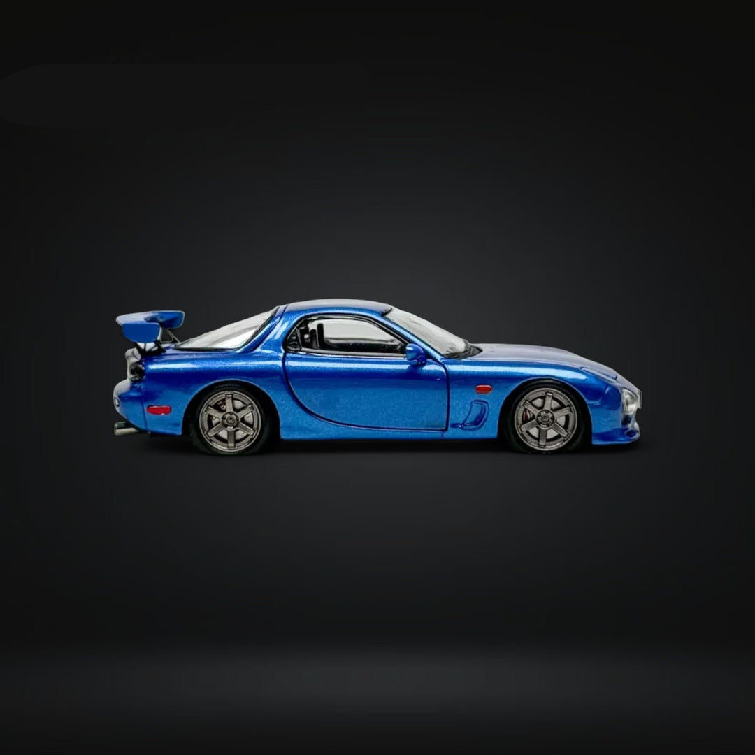 Mazda RX-7 FD3S Metallic Blue Fully Openeable Standard Base 1:64 by PGM Side View