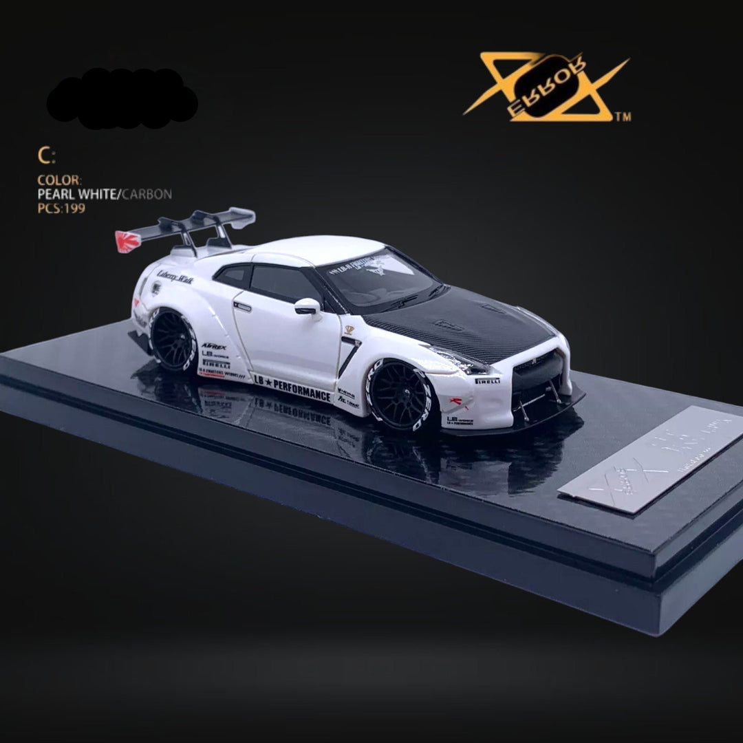 Nissan Skyline GT-R R35 Pearl White Carbon Hood 1:64 by Error404 LB-Works Front View