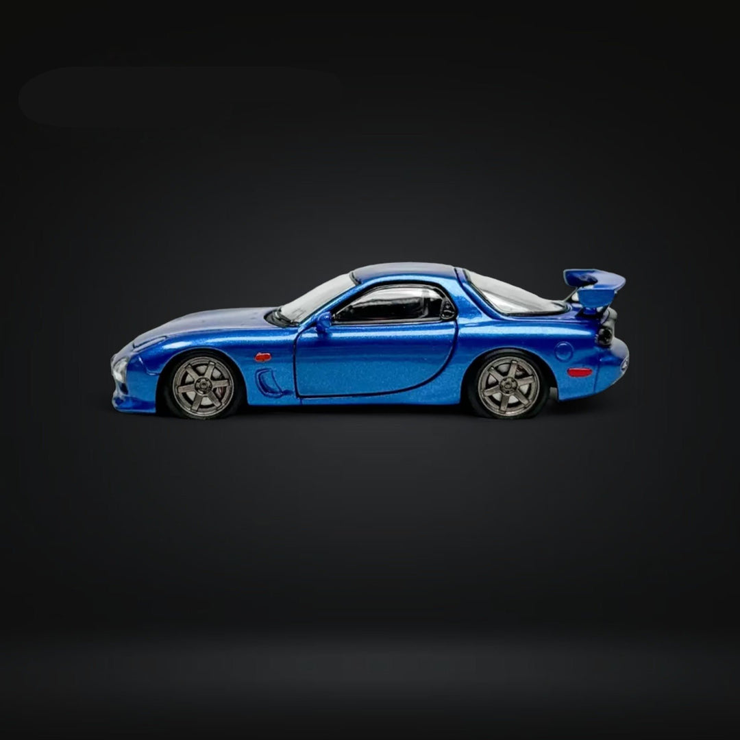 Mazda RX-7 FD3S Metallic Blue Fully Openeable Luxury Base 1:64 by PGM Driver Side Angle View 2