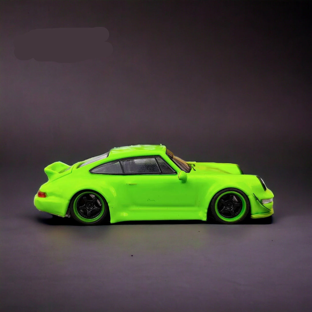 Porsche 964 RWB Ducktail in Fluorescent Green 1:64 by Flame Side View