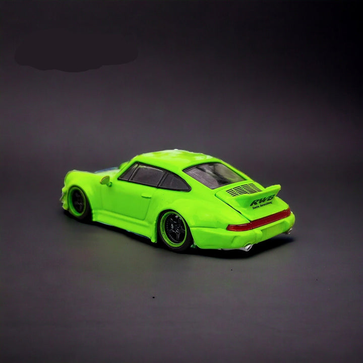 Porsche 964 RWB Ducktail in Fluorescent Green 1:64 by Flame Rear View