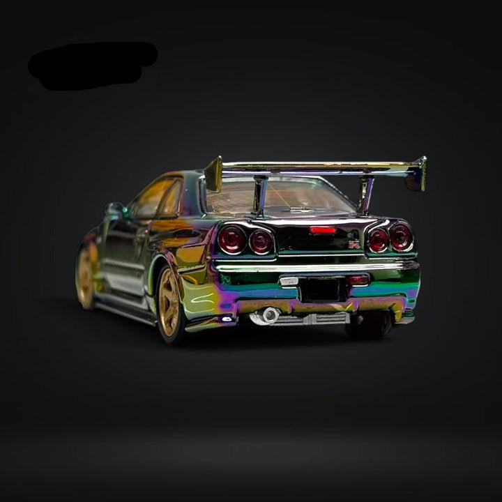 Nissan Skyline GT-R R34 Nismo Z-Tune High Wing Magic Green Purple 1:64 by Fuji Rear View