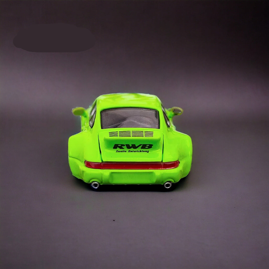 Porsche 964 RWB Ducktail in Fluorescent Green 1:64 by Flame Rear View