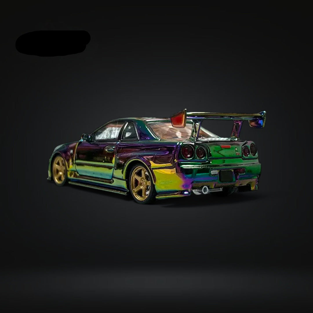 Nissan Skyline GT-R R34 Nismo Z-Tune High Wing Magic Green Purple 1:64 by Fuji Driver Angled View