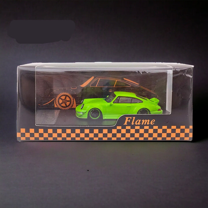 Porsche 964 RWB Ducktail in Fluorescent Green 1:64 by Flame Package View