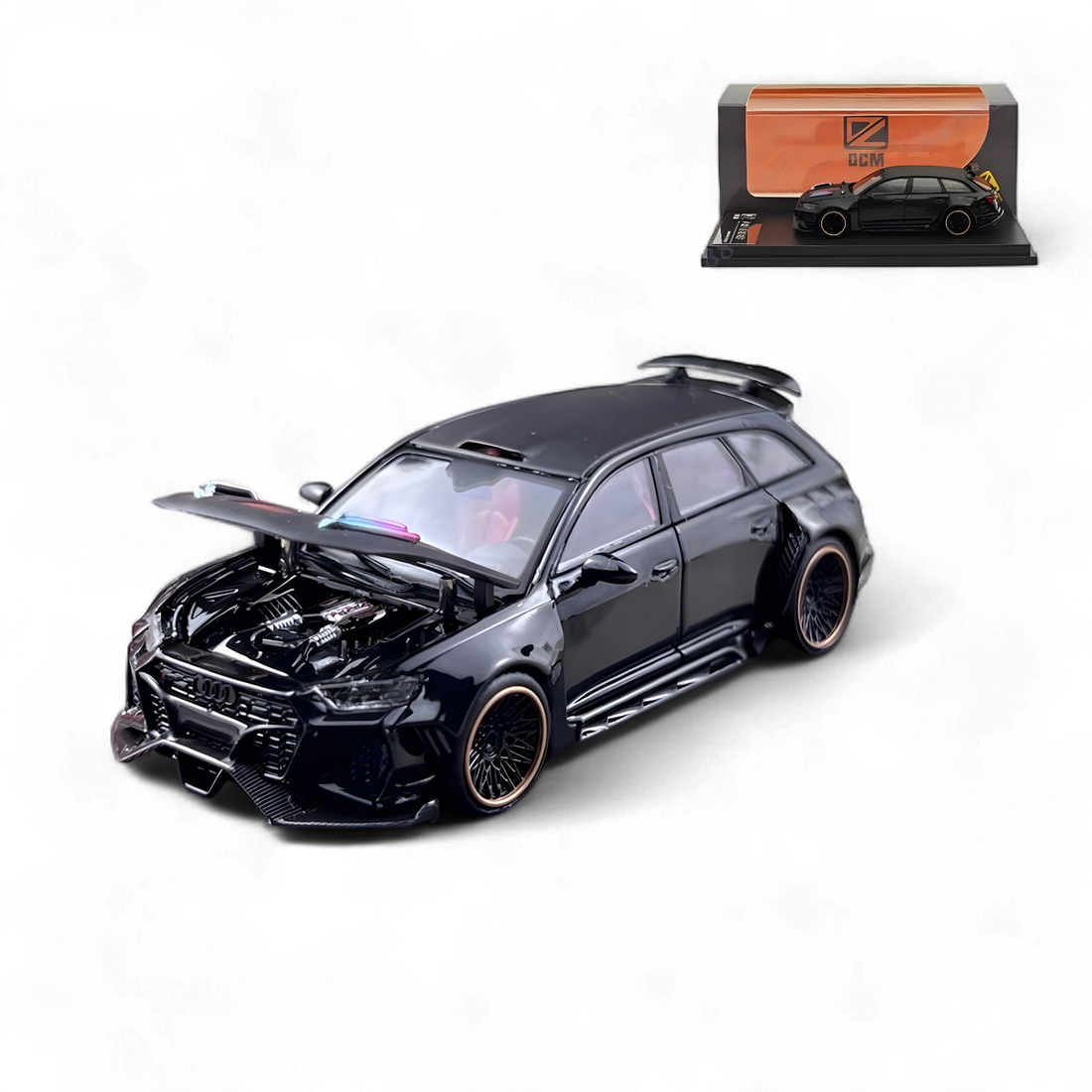 Audi Modified RS6 Wagon Metallic Black - Engine & Openable Hood 1:64 by DCM