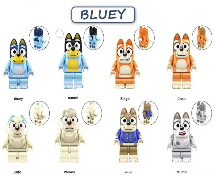 Bluey Custom Minifigure Set of 8 – Family Fun with Bluey and Friends! for Lego