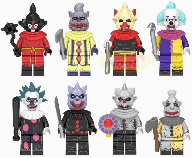 Creepy Carnival Clowns Custom Minifigure Set – 8 Horror Circus Figures (Fan-Made) for Lego